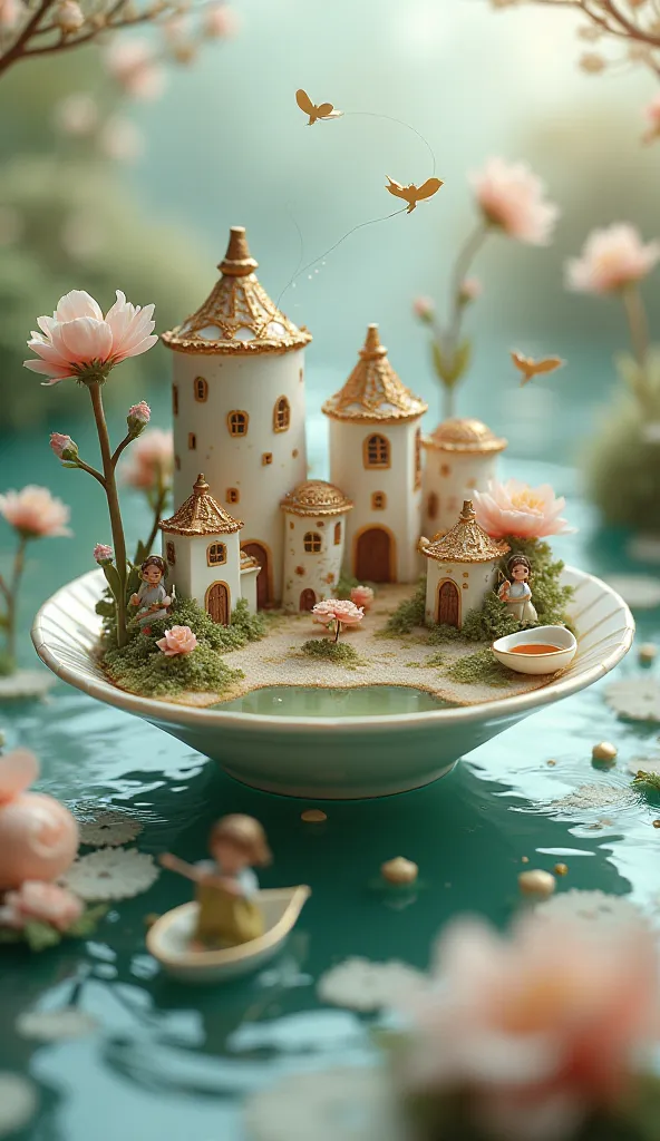 A tiny village built inside a floating teacup, with little people rowing across a lake of tea, some fishing for sugar cubes, and tiny houses made from porcelain cups and saucers.
