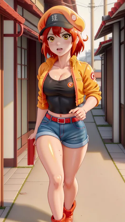 (((Top Quality))), ((Masterpiece)), ((Art)), (RAW Photo), (Shiny Skin), (Thick Thighs:1.4), (Vibrant Color:1.3), Ultra HD, High Resolution, Very High Resolution, Complex Grieble Pieces, Red Color Theme, Short Red Hair, (Yellow Eyes:1.3), Ahoge, Hair Betwee...