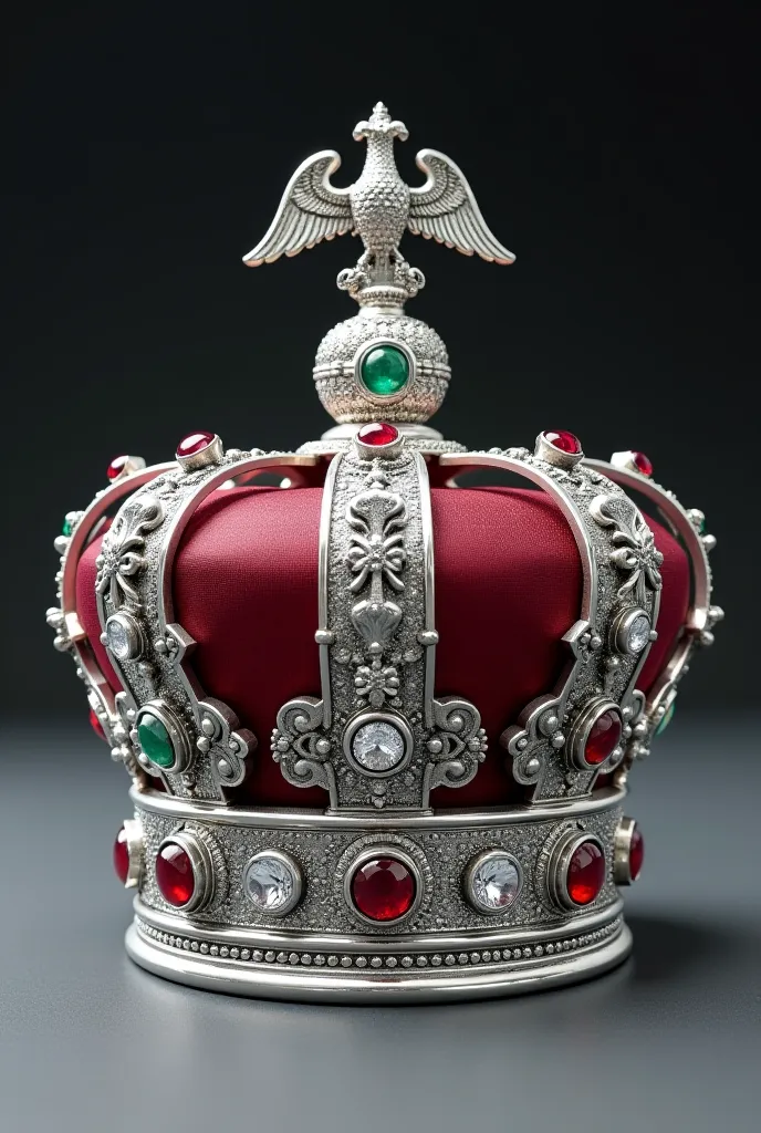 Mexican imperial crown silver with a ruby on the left, a white diamond in the middle and an emerald on the right with the small symbol of a silver eagle on the top. 