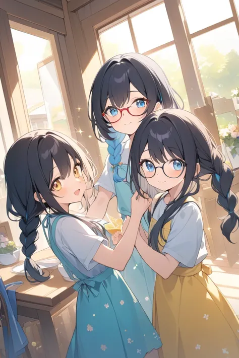 Two braids wearing glasses, light blue hair, long light blue eyes, two energetic girls with long black hair, two good friends