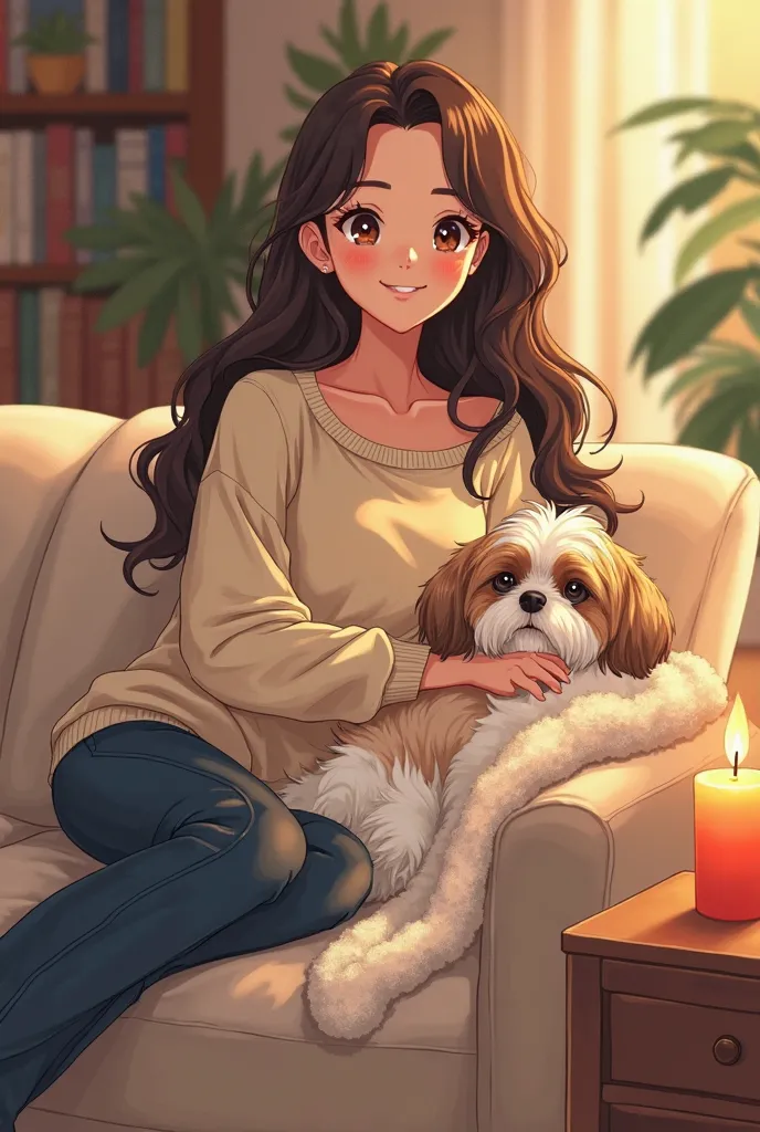 
Create an anime illustration of a woman with long, wavy dark brown hair, she has hazel eyes lounging comfortably on a beige couch in a warmly lit living room. She wears a loose, cream-colored sweater and dark blue jeans, with a soft and content expression...