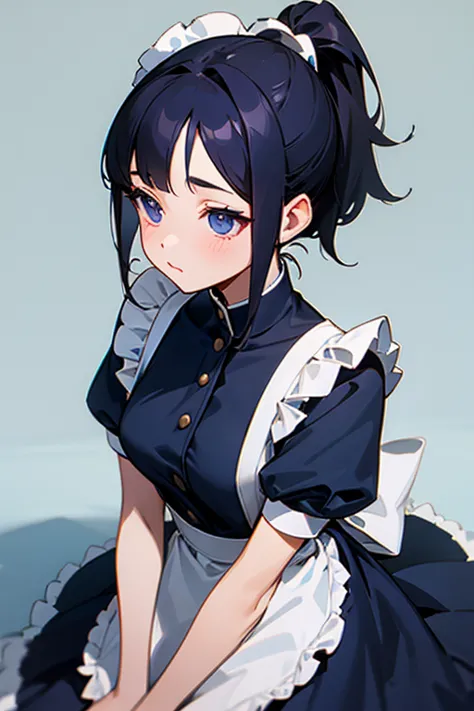 dark-haired girl with ponytail、navy blue maid clothes、