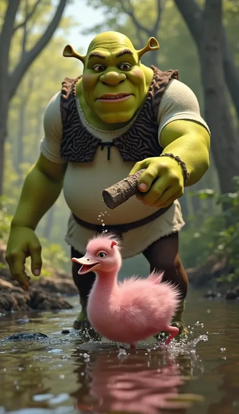 Shrek, wearing a plain blue T-shirt, stands in the forest, extending an ivory-colored log to the pink, realistic-looking baby duck in an attempt to save it. The baby duck, about to fall into the water, tries to grab the log. Its pink feathers are soft, shi...