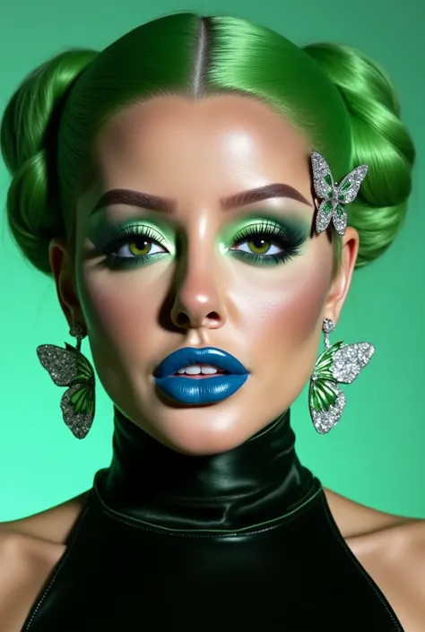 incredibly long and voluminous eyelash extensions, bright green makeup ,  green hair,  diamond earrings  , collar, blue lips, green butterfly clip on the side of the hair