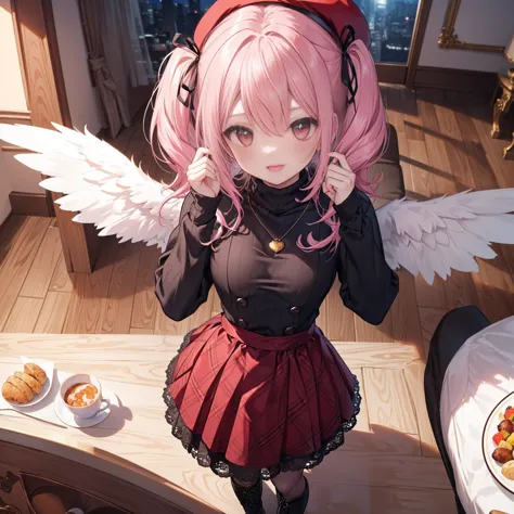 masterpiece, best quality, ultra high-res, ((Angel girl)), (pink hair:1.2), (red eyes:1.2), twin-tails, small breast:1.2, angel wings, delicate hair, determined delicate eyes, cute girl, living room, night, interior, (burgundy velvet beret with black ribbo...