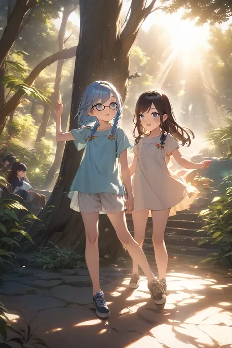 Two braids wearing glasses, light blue hair, long light blue eyes, two energetic girls with long dark hair, two good sisters