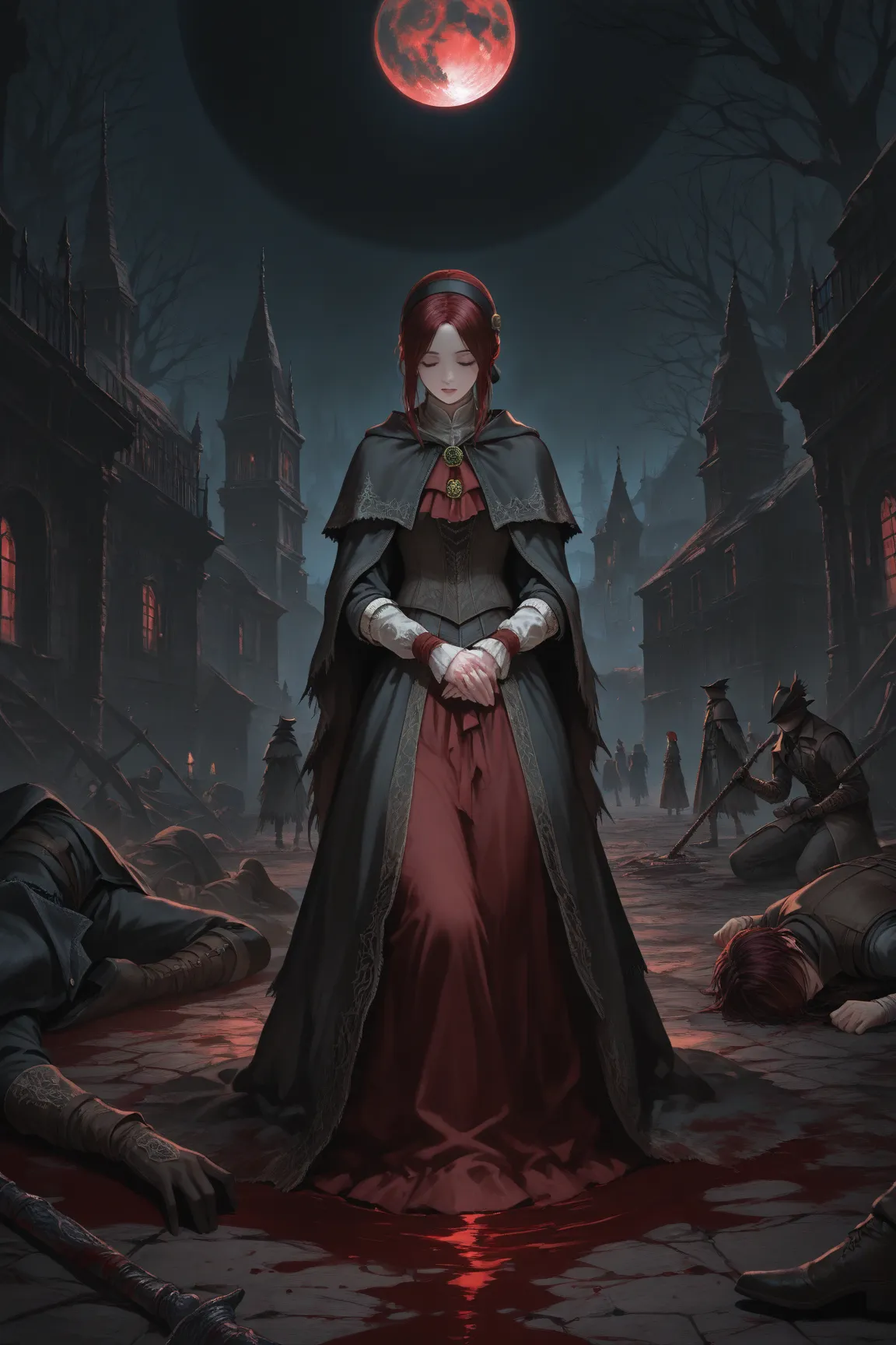  manga ,dark red hair , beauty, Bloodborne,Maiden Doll,black moon ,Abandoned Village,