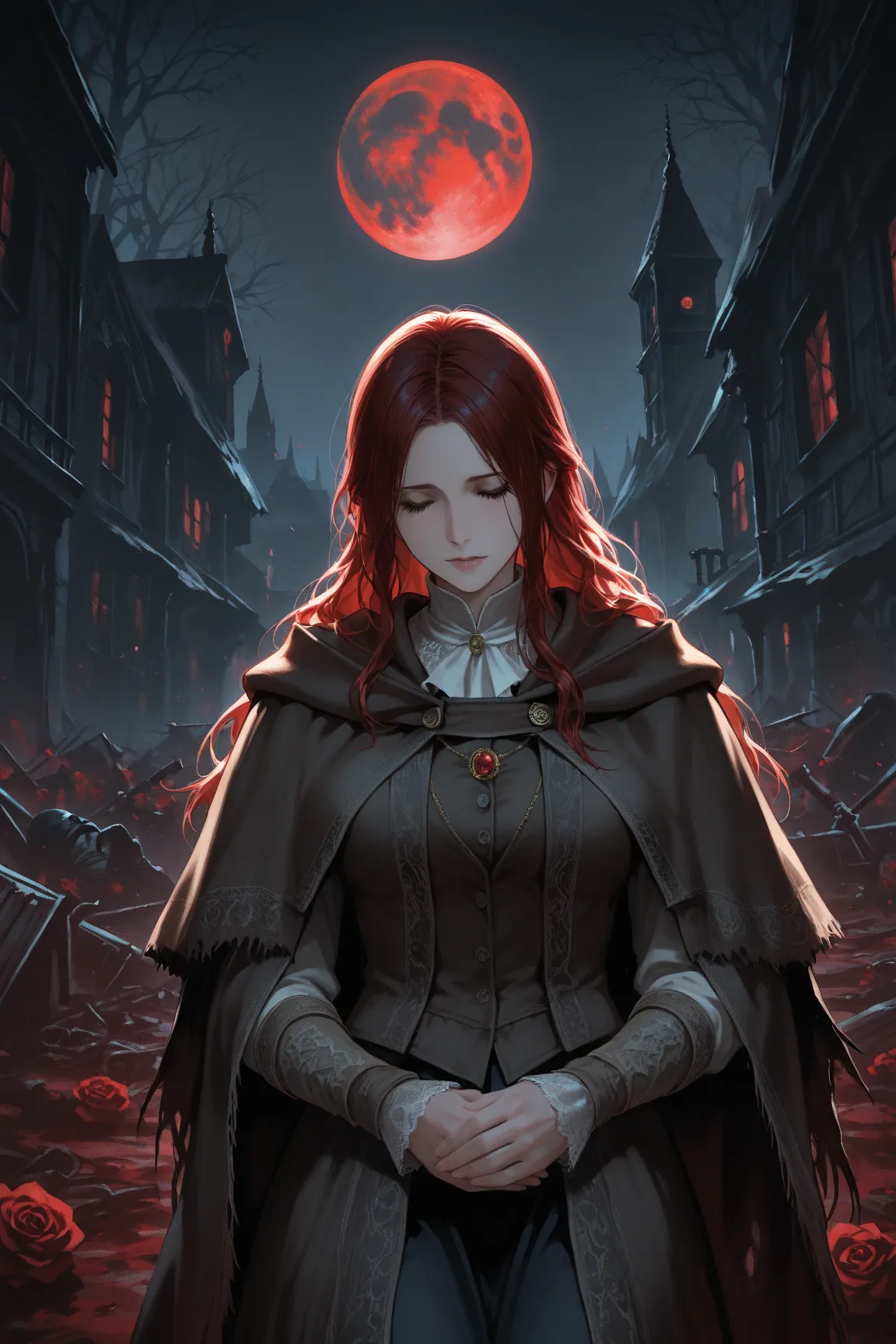  manga ,dark red hair , beauty, Bloodborne,Maiden Doll,black moon ,Abandoned Village,