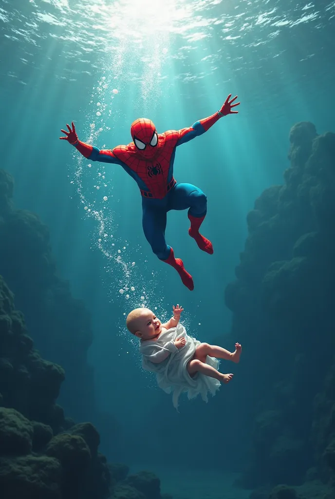 le bébé de spider man se nouaille dans la mer et spider man va sauver son bébé dans la mer sous les yeux de ses amies 