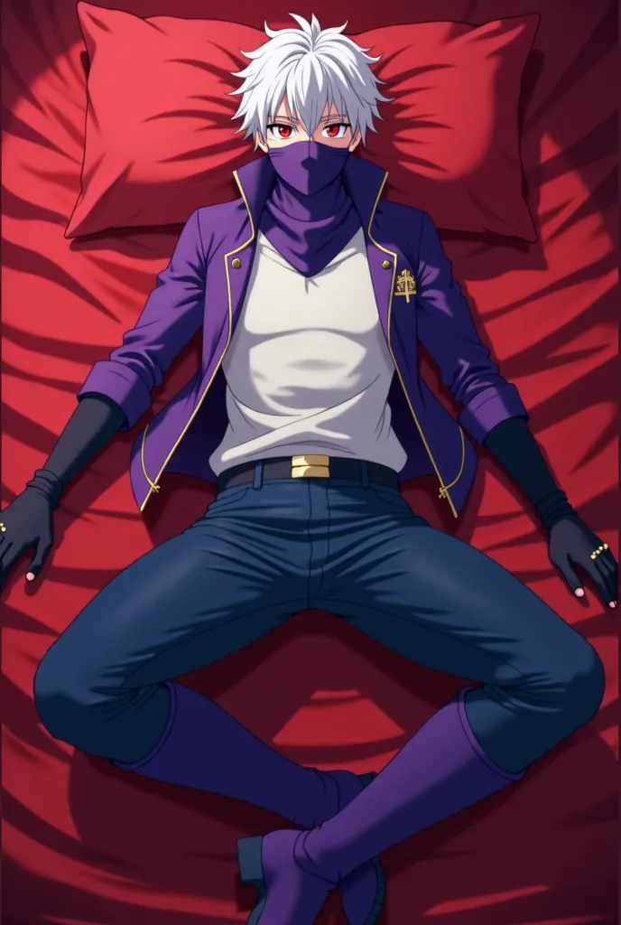 An 18-year-old anime prince lies on a luxurious red satin bed, fully visible from head to toe. He wears violet boots reaching up to his thighs over dark blue pants. His striking red eyes and white hair contrast against the rich red backdrop. A grey t-shirt...