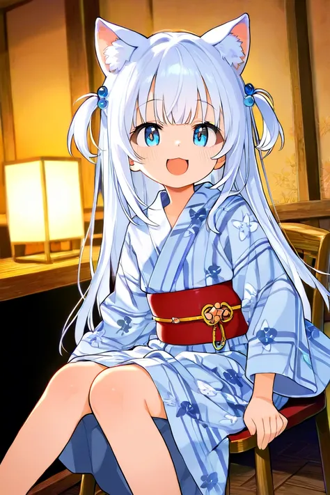  girl、light blue eyes、 white hair、Cat ears、hostel、room、Yukata、chair、chairに座っている、 smiling