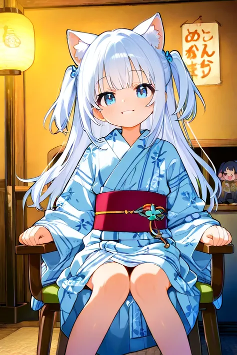  girl、light blue eyes、 white hair、Cat ears、hostel、room、Yukata、chair、chairに座っている、 smiling