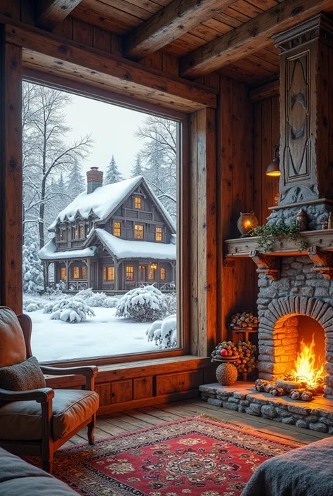 Country house with fireplace large windows outside the window snow 
