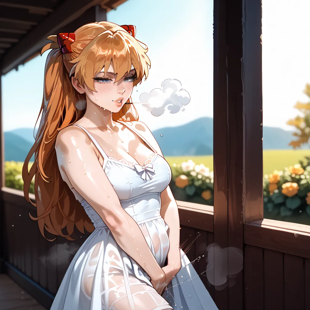 facejerk,cumshot on face,male masturbation, motion lines, musk clouds,asuka langley sohryu(evangelion),narrowed eyes, sundress,sweat, uncensored