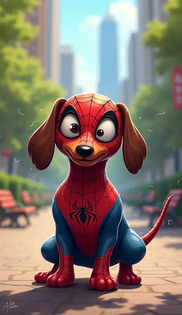 "A quirky, anthropomorphic Dachshund fused with Spider-Man's iconic design. The hybrid has a long, low-to-the-ground body covered in a sleek, red-and-blue spider suit that stretches to fit its unique shape. The suit features a glowing spider emblem on the ...