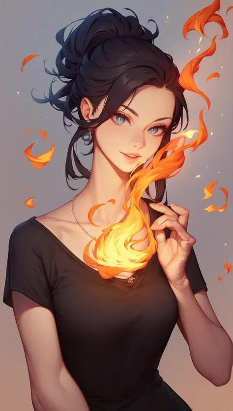  sloppy appearance of a mulatto girl with a ponytail and black hair, fire,  black t-shirt, flames, elegant, digital painting, conceptual art, sharp focus, illustration  