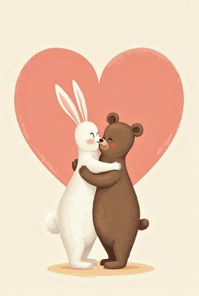 Vector image of a bunny and a bear kissing inside a heart