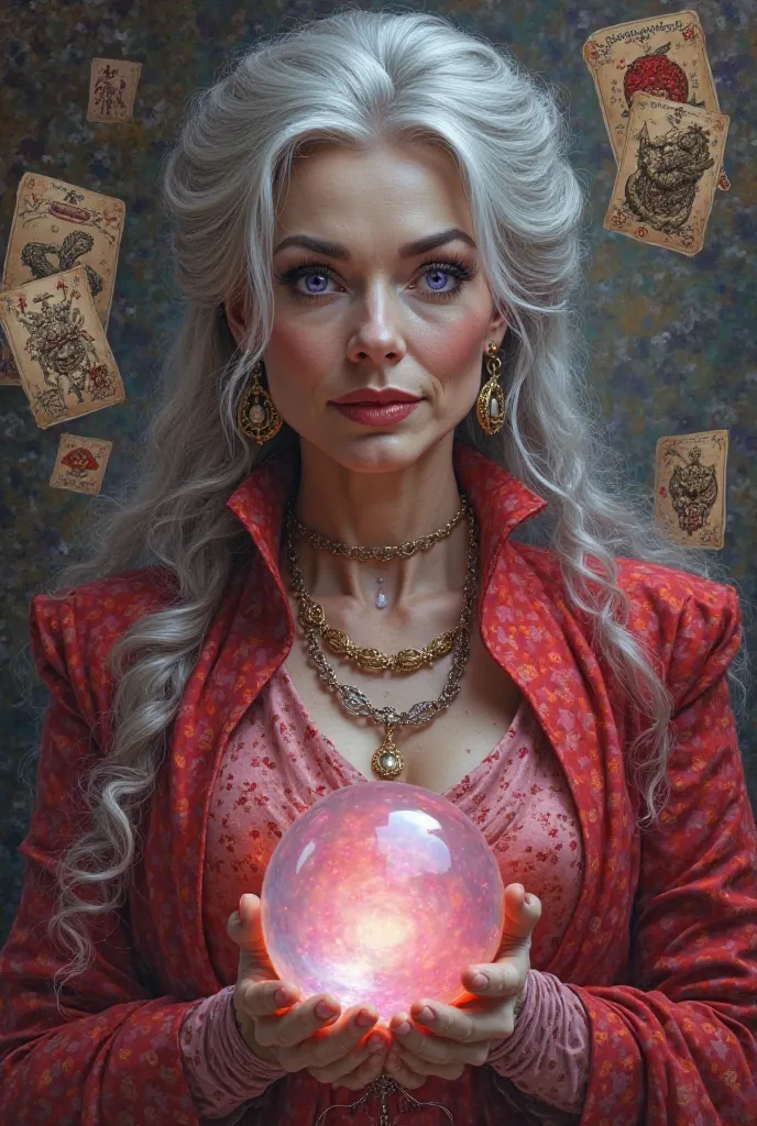 Pretty older woman with gray hair and violet eyes dressed in red and pink surrounded by flying tarot cards and a divination ball 