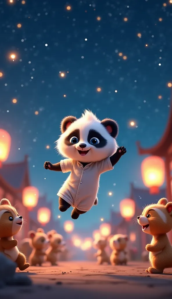 A Pixar-style cartoon baby panda cub with a large and fluffy mane, big blue eyes, and a white kurta pajama, happily jumping and playing with other animals under a night sky full of stars. Lanterns glow softly, and fireflies twinkle in the air. The scene is...