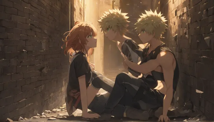 Bakugo pinning a brunnete green eyed girl on wall 