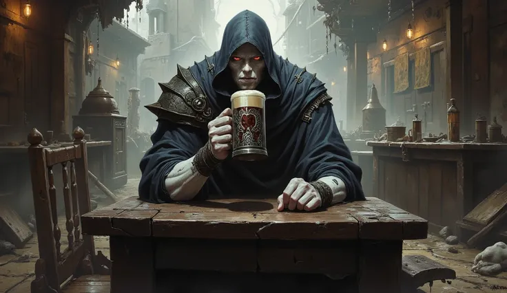 a red-eyed albino warrior with a cloak and a hoodie sitting in a partially destroyed tavern. He drinks a dark beer with brown foam from a medieval mug.