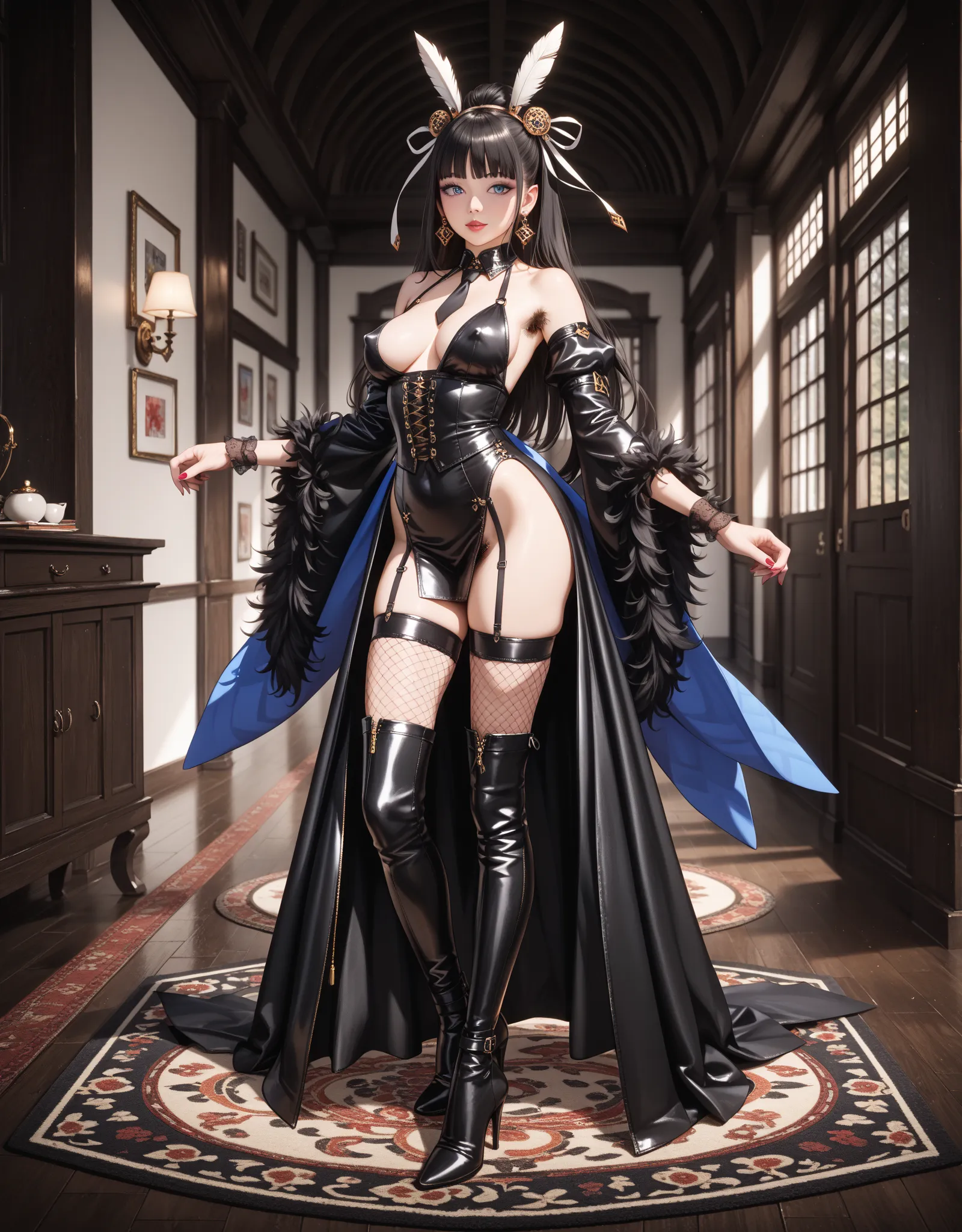 High quality, Ultra detailed, best quality, insanely detailed, beautiful, masterpiece,PHOTOREALISTIC, Hi-Res, Soft light,1 Female, (detailed face), jewelry,   Yohha no . 2 Type B, black  dress, tie high long boots,  dress, Feather-embellished sleeves ,  fe...