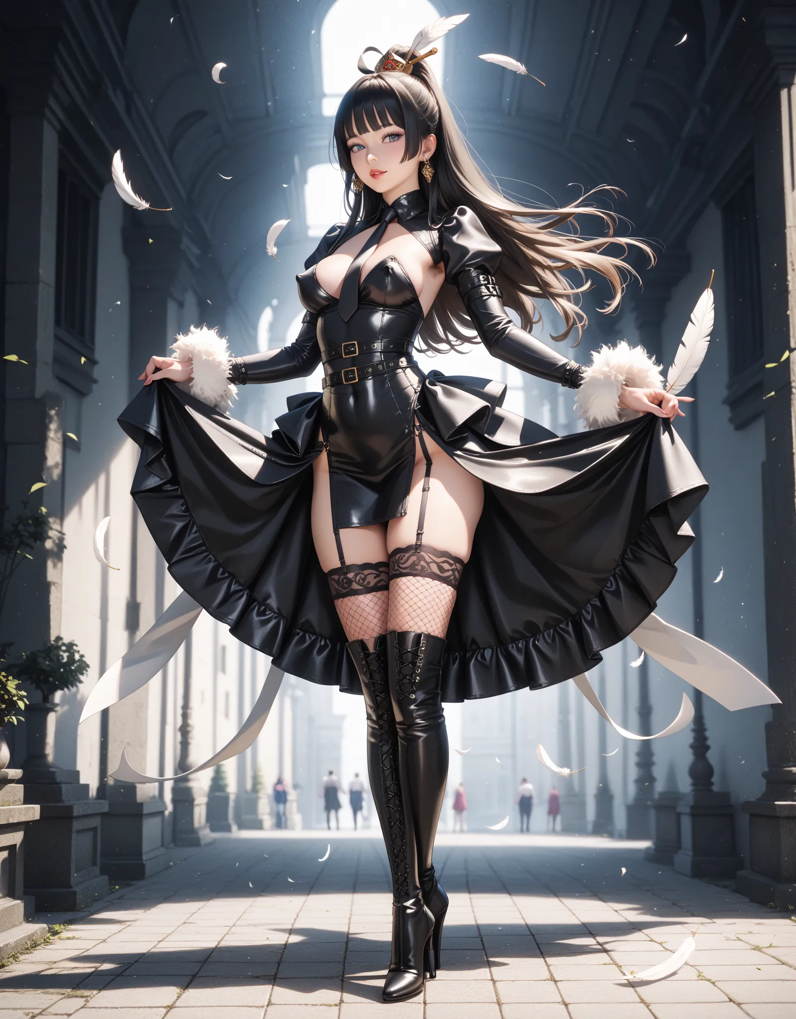 High quality, Ultra detailed, best quality, insanely detailed, beautiful, masterpiece,PHOTOREALISTIC, Hi-Res, Soft light,1 Female, (detailed face), jewelry,   Yohha no . 2 Type B, black  dress, tie high long boots,  dress, Feather-embellished sleeves ,  fe...