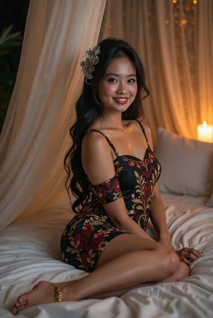  Looked up,Up close,Romantic cold night atmosphere, young and beautiful Sundanese woman ,elegant dark hair with beautiful silver flower decoration, clean white skin ,ideal perfect body,dense breasts filled and ideal,Wearing a sexy and elegant traditional a...