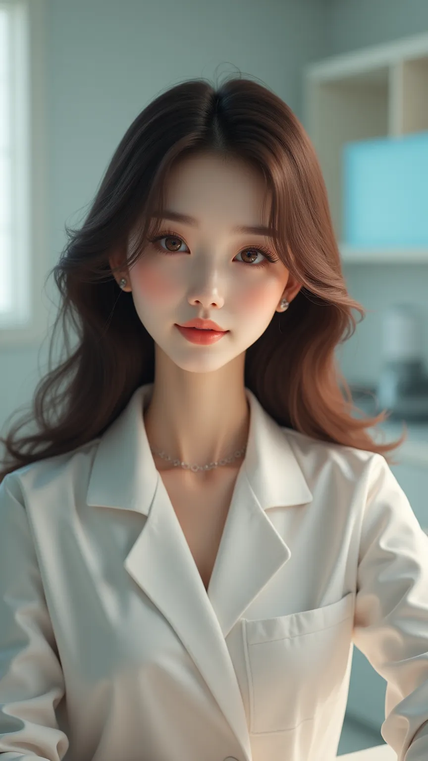 Barbie, Korean, brown hair, , white skin, fine eyes, brown eyes, nose, And lips , Wearing white work clothes,  sitting in her office, Using her computer , HP computer looking at the audience. Visual image. The background is a white dental room.(Best Qualit...