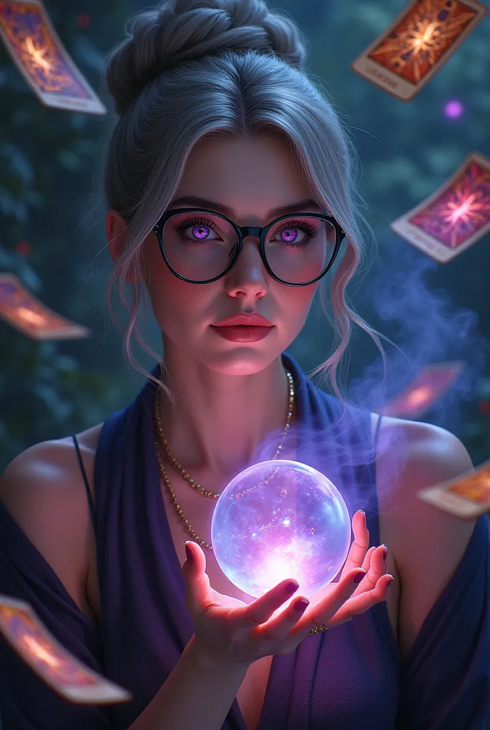 Pretty older woman with gray hair tied up violet eyes wearing glasses dressed in red and pink surrounded by flying tarot cards and a divination ball 