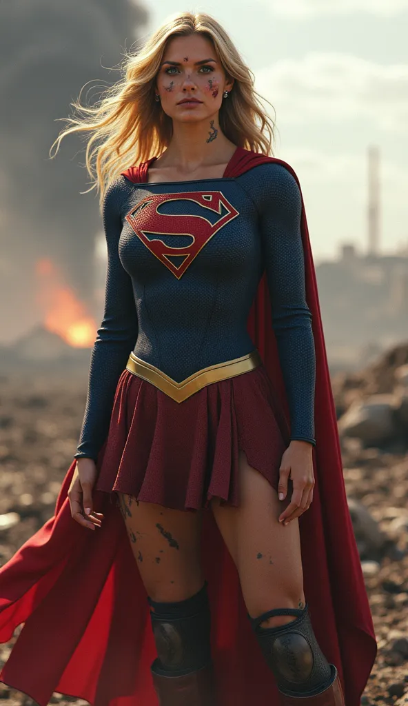 focus on Supergirl with a bruised face on a war battlefield, her traditional costume partially torn showing bra and parts of her chest, with a very accentuated cleavage