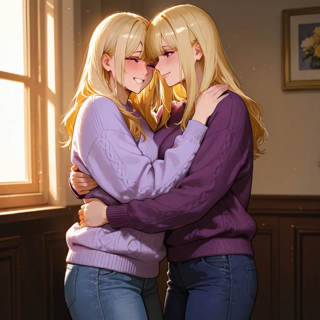   A woman,   chubby girl, blonde, with bangs and purple eyes, In a purple sweater and blue pants ,standing,  and by your side, An old woman hugging her while crying