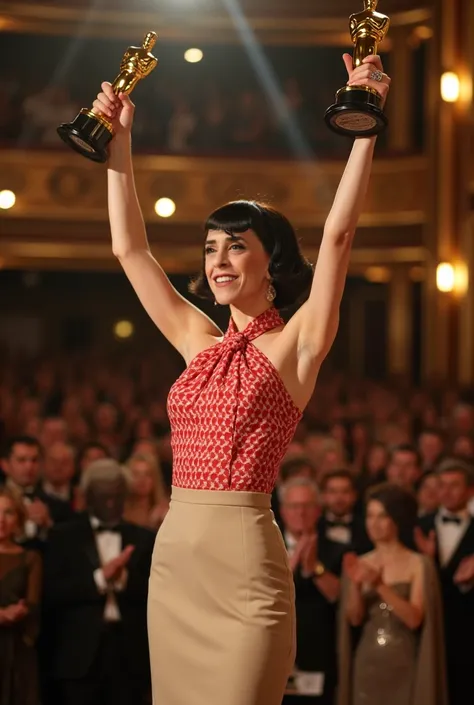 Imagine a grand scene: from the audience's point of view, in the immense Oscar theater, the woman stands out on stage, proudly holding the iconic golden statuette. The glow of the lights reflects on her radiant face, as she holds the prize firmly above her...