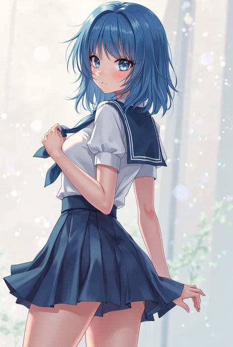 school uniform with skirt , student, sexy, blue hair clothing, small breasts, big ass,  Woman,  beautiful, anime