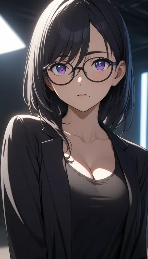 Hizuru Minakata, 1girl with long, straight black hair, from front, upper body, looking at viewer, purple eyes, (a mole below the left side of the lip:1.2), collarbone, cleavage, wearing a black jacket, black tank top, black trousers, glasses, black rim gla...