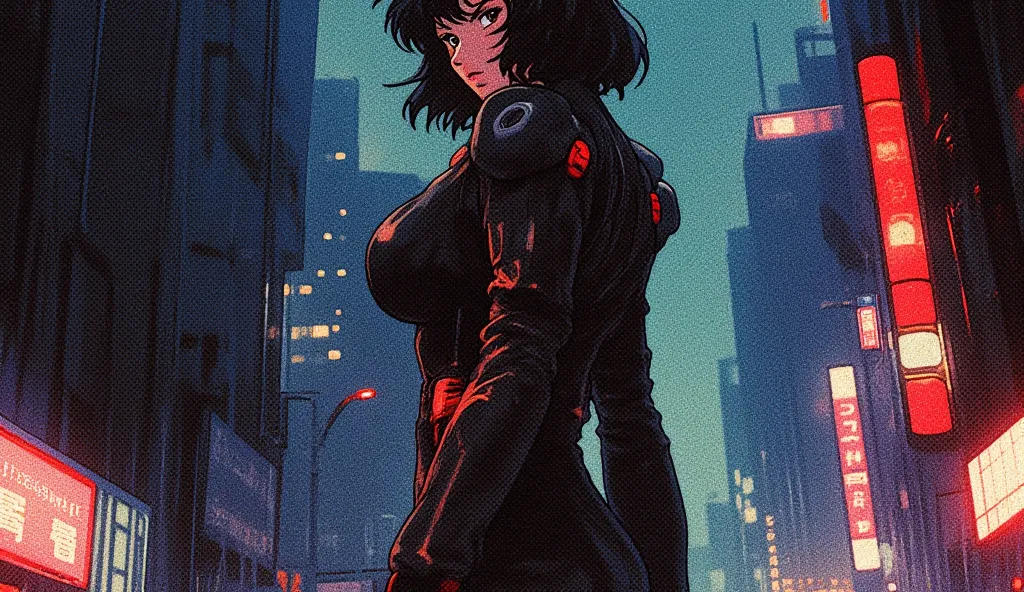 Masamune Shirow's Ghost in the Shell style blended with 80s/90s anime aesthetics like Akira, full-body anime character from head to toe with a sporty, athletic physique and toned curves, looking slightly over her shoulder at the audience with a determined ...