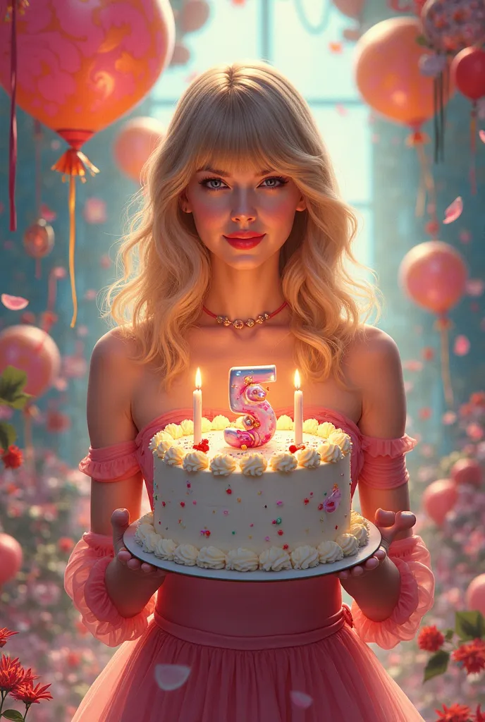 Generate taylor swift holding a cake with her album for background