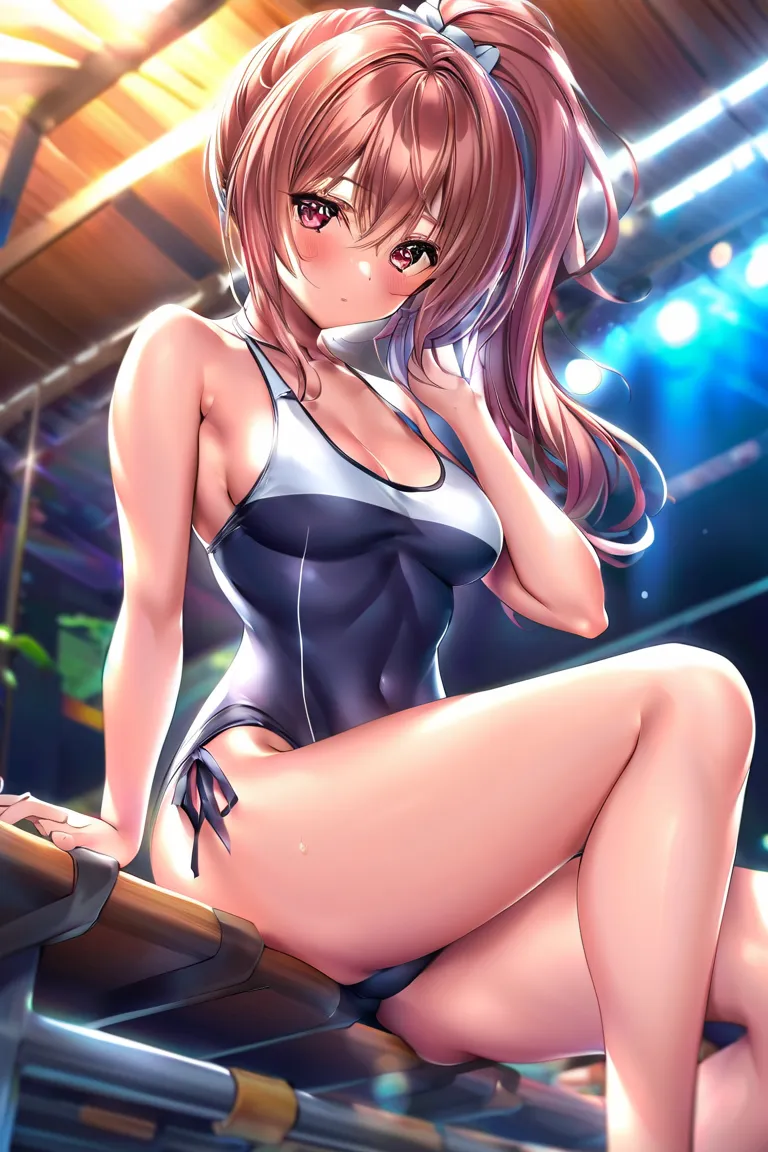 (Best Quality:1.2,  anime artwork ,  anime style,  studio anime , very well detailed,  latest,  vibrant, anime coloring, high contrast,  masterpiece:1.2, Best Quality, Aesthetics at its best),  Beautiful Thighs, brown hair, high ponytail,  perfect body lin...