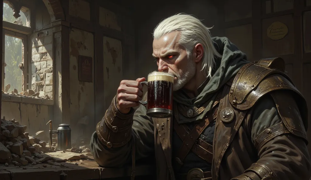 a red-eyed albino warrior with a cloak and a hoodie sitting in a partially destroyed brothel. He drinks a dark beer with brown foam from a medieval mug.