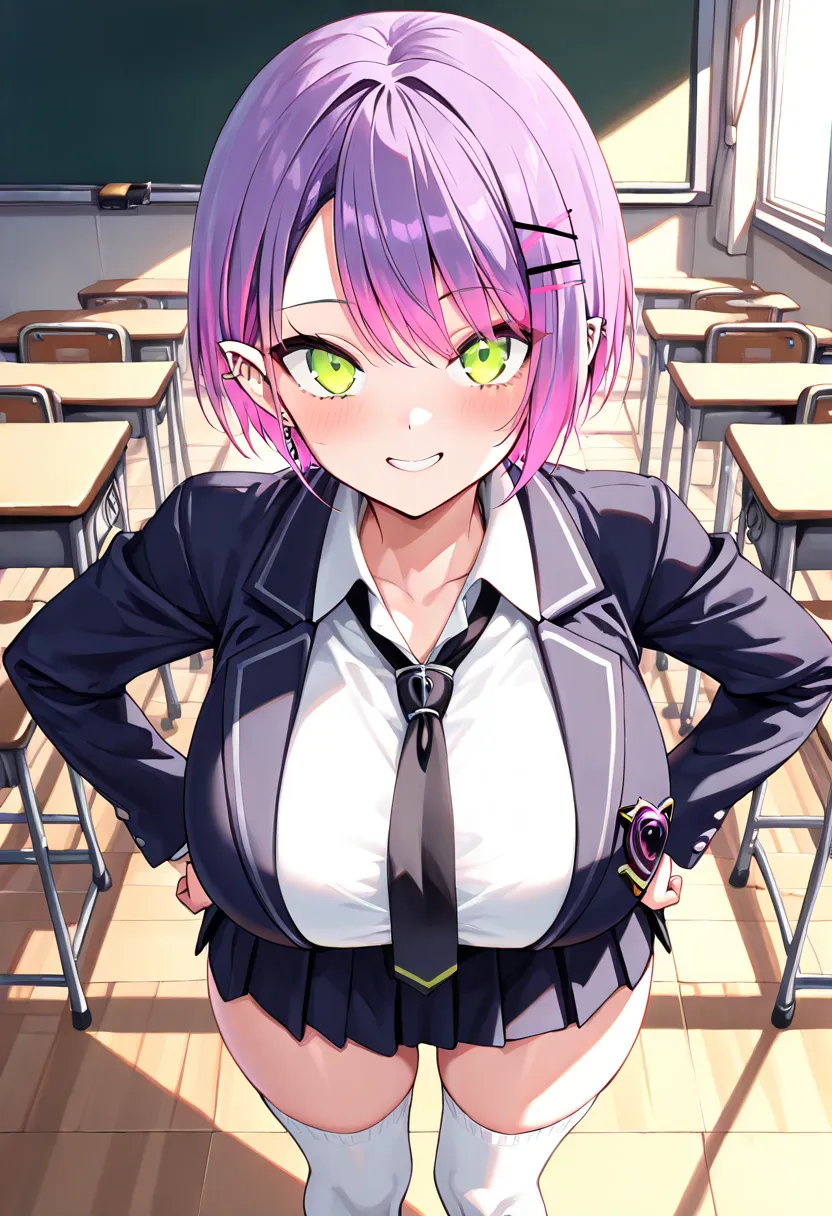 (Best Quality , 8k , masterpiece , incredibly absurdres , perfect body , super detailed skin , highly detailed eyes and face , 1 woman ) , tokoyami towa , purple Hair , Green eyes , smile ,  will be happy , ( school uniform , blazer , white shirt , miniski...