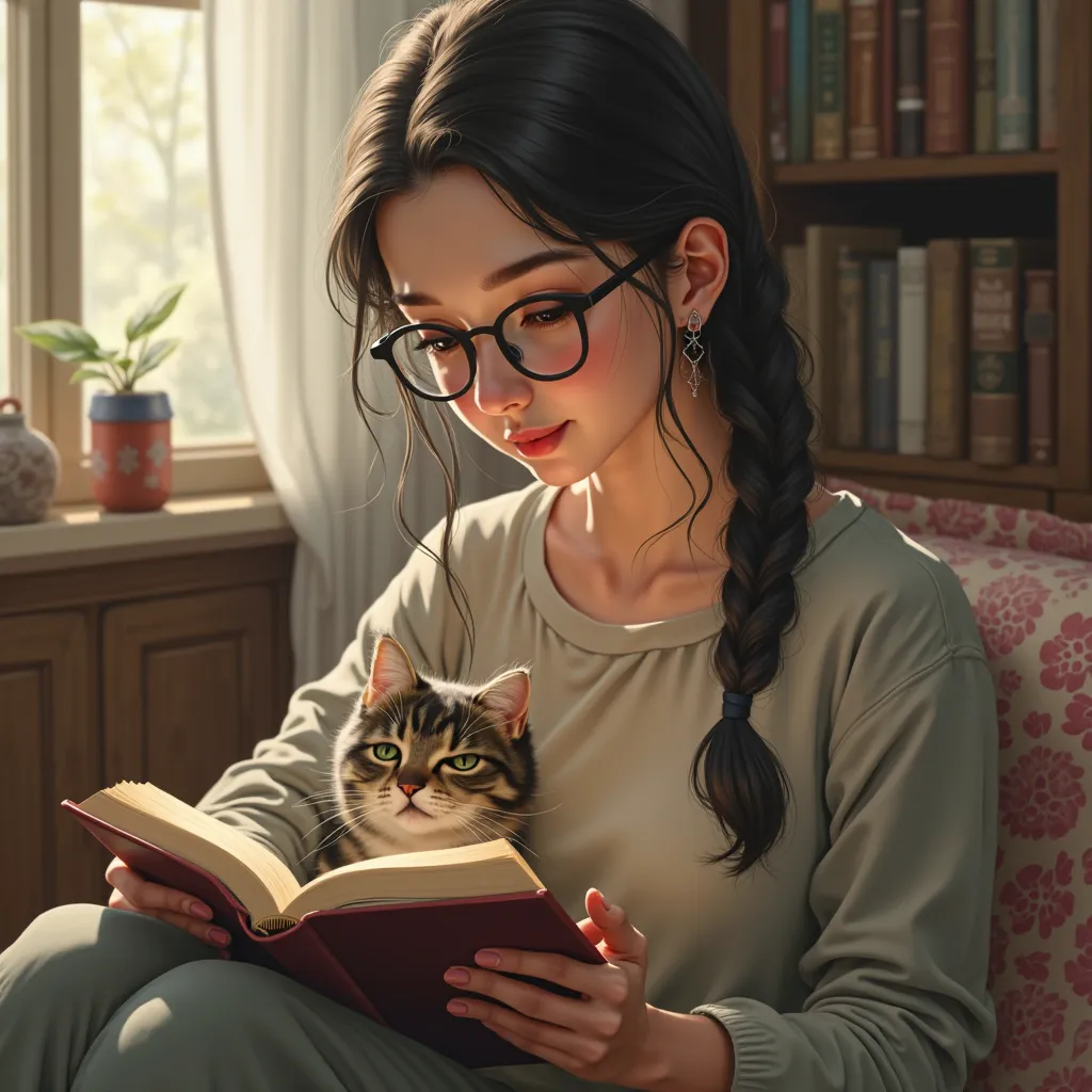 Books、glasses、braids、cat on the lap 、female