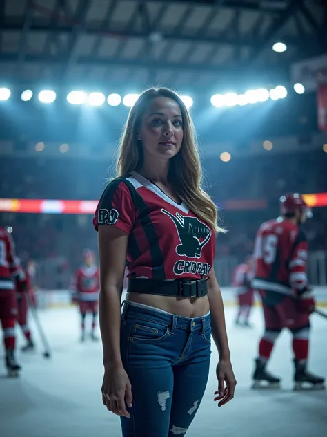  woman standing at hockey game wearing tight jeans and hockey jersey indoor arena bright lights