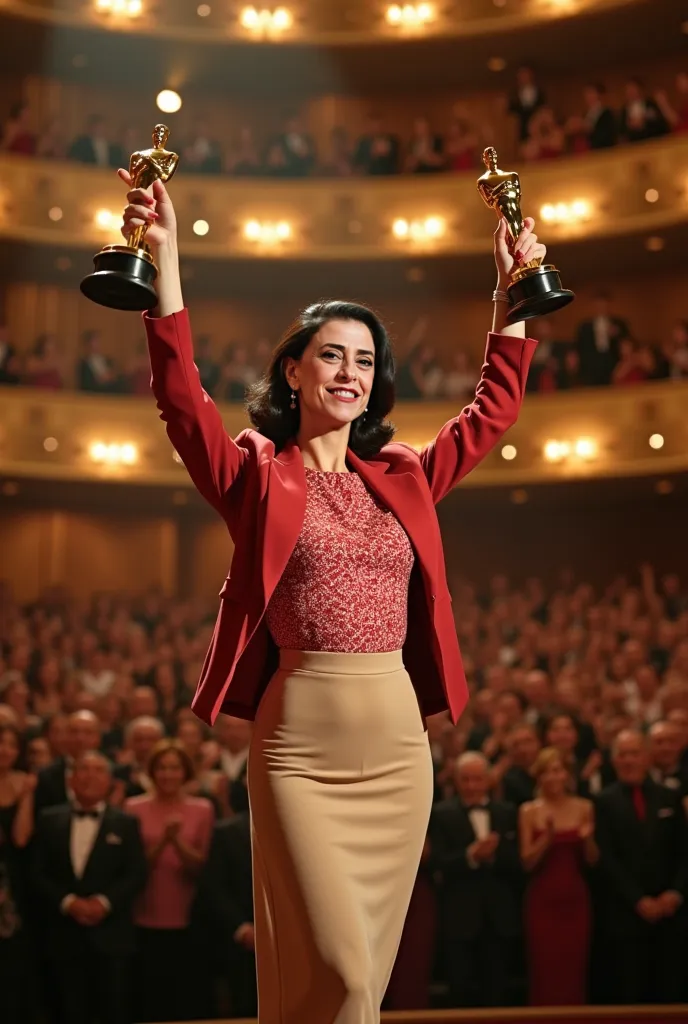 Imagine a grand scene: from the audience's point of view, in the immense Oscar theater, the woman stands out on stage, proudly holding the iconic golden statuette. The glow of the lights reflects on her radiant face, as she holds the prize firmly above her...