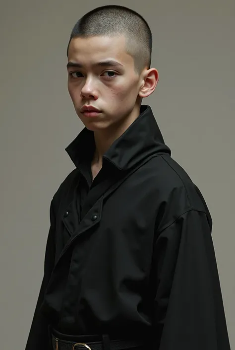 (photorealism:1.2), Young boy, serious and enigmatic, CALVO, with shallow and well-groomed black beards ( but without vanity ), in a black robe and robe.