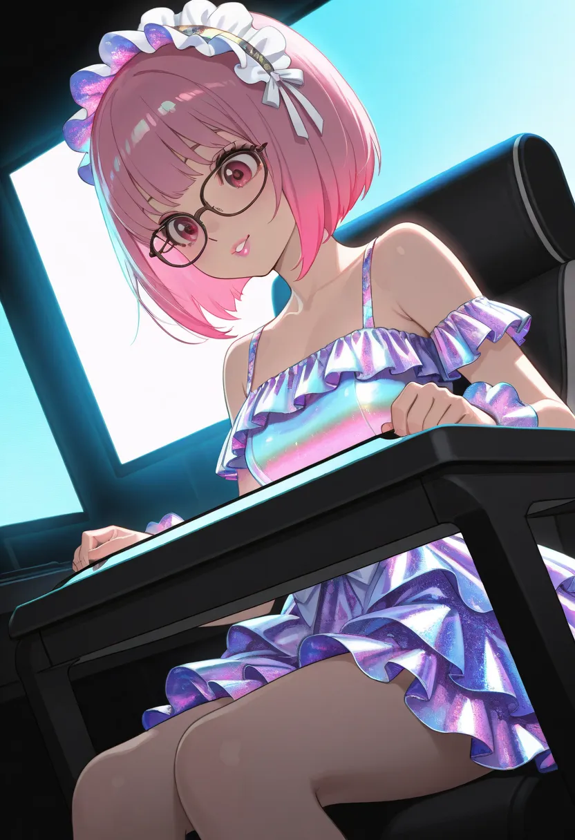 dutch angle, ultra detailed, absolutely resolution, masterpiece, highly detailed, sharp focus, vivid colors, soft lighting, cinematic composition, cute spy girl, glasses, pink bob cut, lewd expression, seduction, pink lips, make up, lewd great body proport...