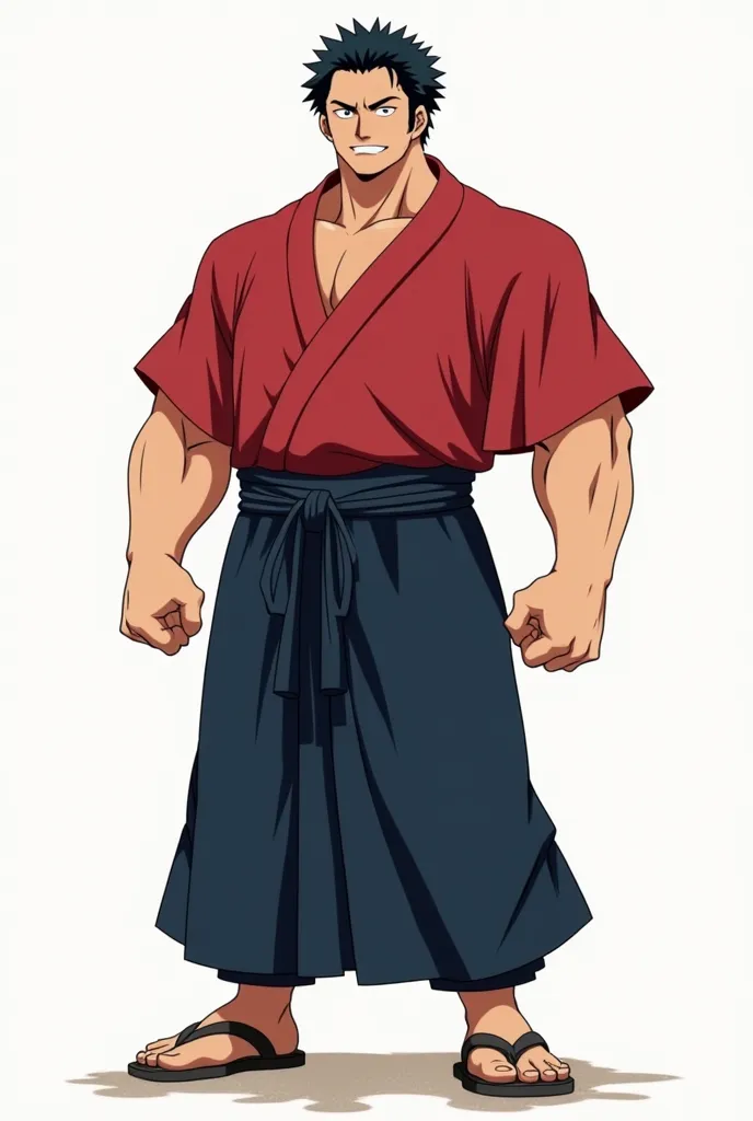 Here's a full-body description of the anime character we've been designing:

He's a 17-year-old male with short black hair and a kind face. His attire consists of a red upper garment and dark blue lower garment, reminiscent of traditional Japanese clothing...