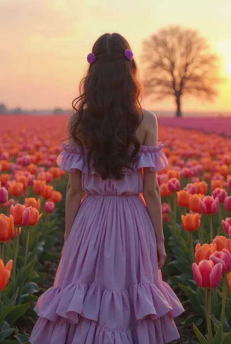 European girl, young girl years old. Surreal (long dark brown hair, loose waves, purple hair clips) wearing flowing lavender off-the-shoulder dress (lots of ruffled layers). Standing in vast tulip field (sunset, pink, orange, red tulips). . Lone bare tree ...