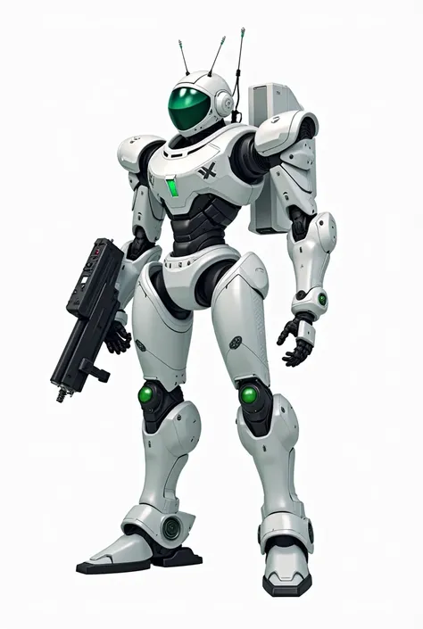 full image,  from the front, anime art, white background, White droid, futuristic and advanced, with a green eye, a technological machine gun as an arm, carrying a refill backpack for the machine gun, robust but armored build, two meters, feet and hands, a...