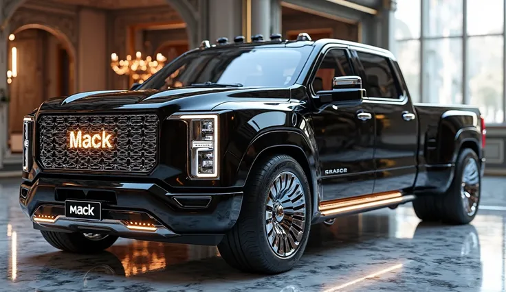 
Create an ultra-detailed 3D render of a futuristic luxury Mack pickup designed for 2025 showcasing a bold and aerodynamic front right side design. The side features a seamless integration of sleek LED HD light ‘Mack’ logo prominently displayed. The grille...