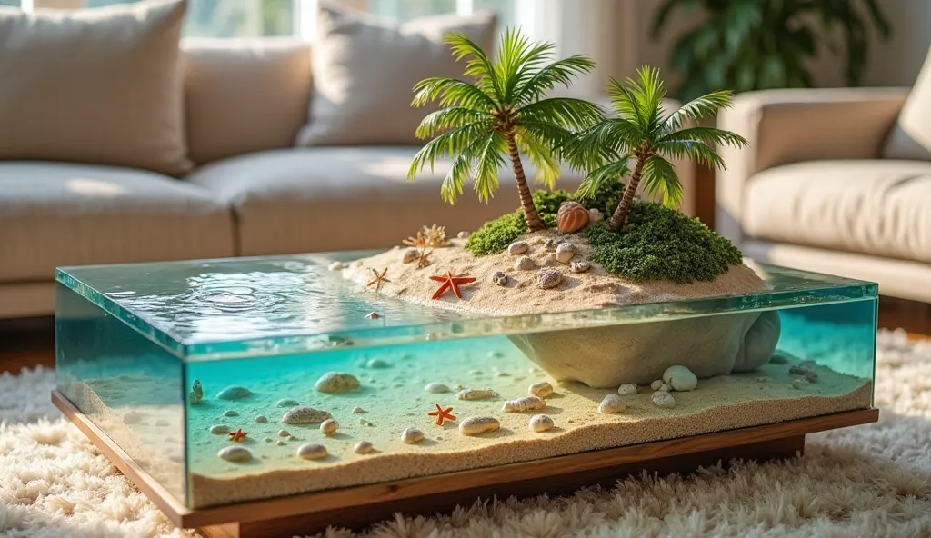 A rectangular coffee table with transparent glass, below are vivid miniature beach miniatures. Smooth golden sand scattered Seashells and starfish, create a peaceful setting. clear blue sea water, simulates gentle waves rolling into the shore. Small stones...